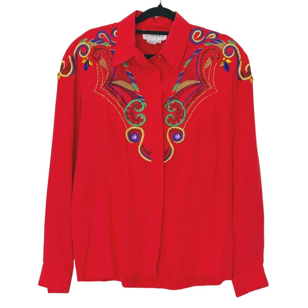 VTG Cedars Western Silk Beaded Embroidered Shirt Womens Size 4 Red Retro Rodeo